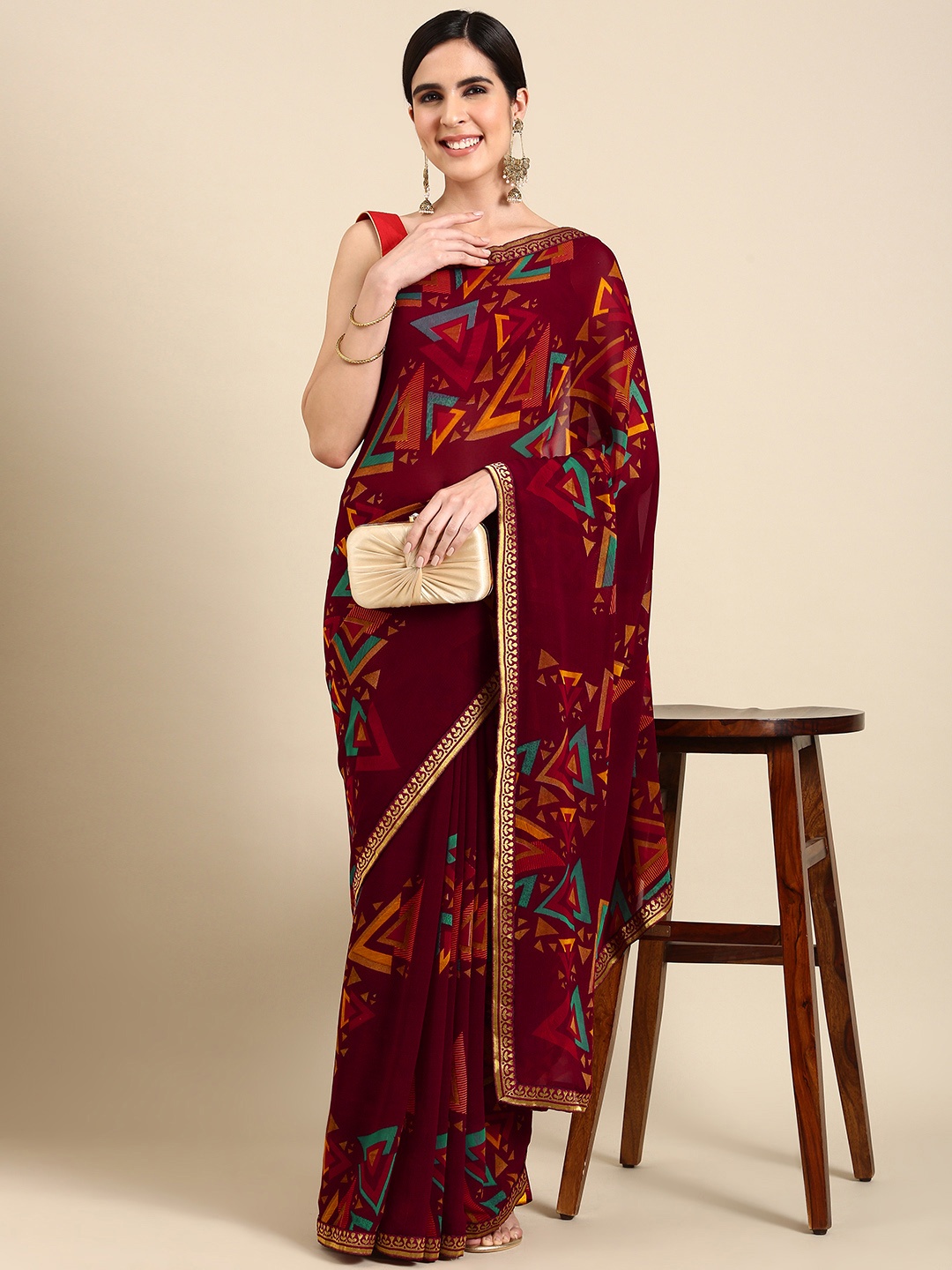 

HERE&NOW Printed Pure Georgette Saree, Maroon