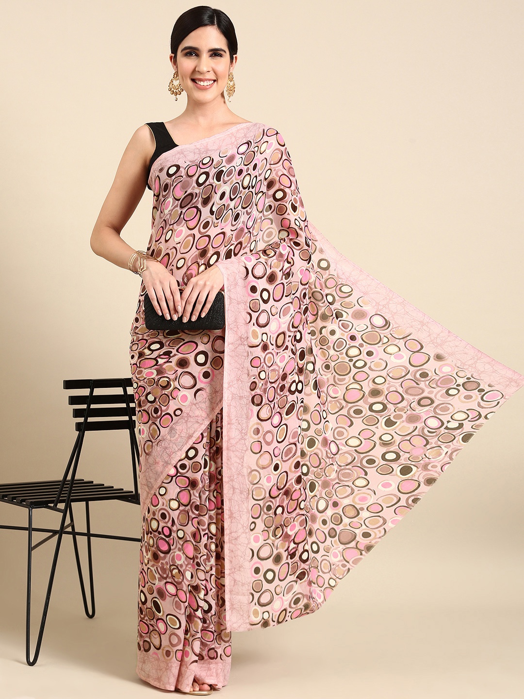 

HERE&NOW Printed Poly Georgette Saree, Pink