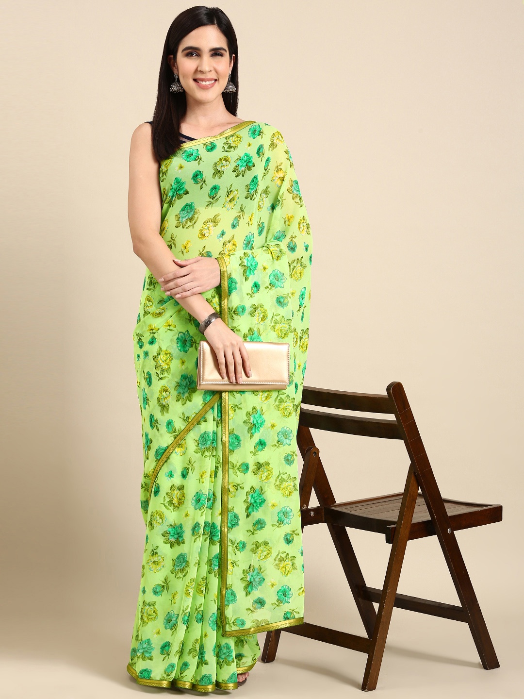 

HERE&NOW Floral Printed Pure Georgette Saree, Green