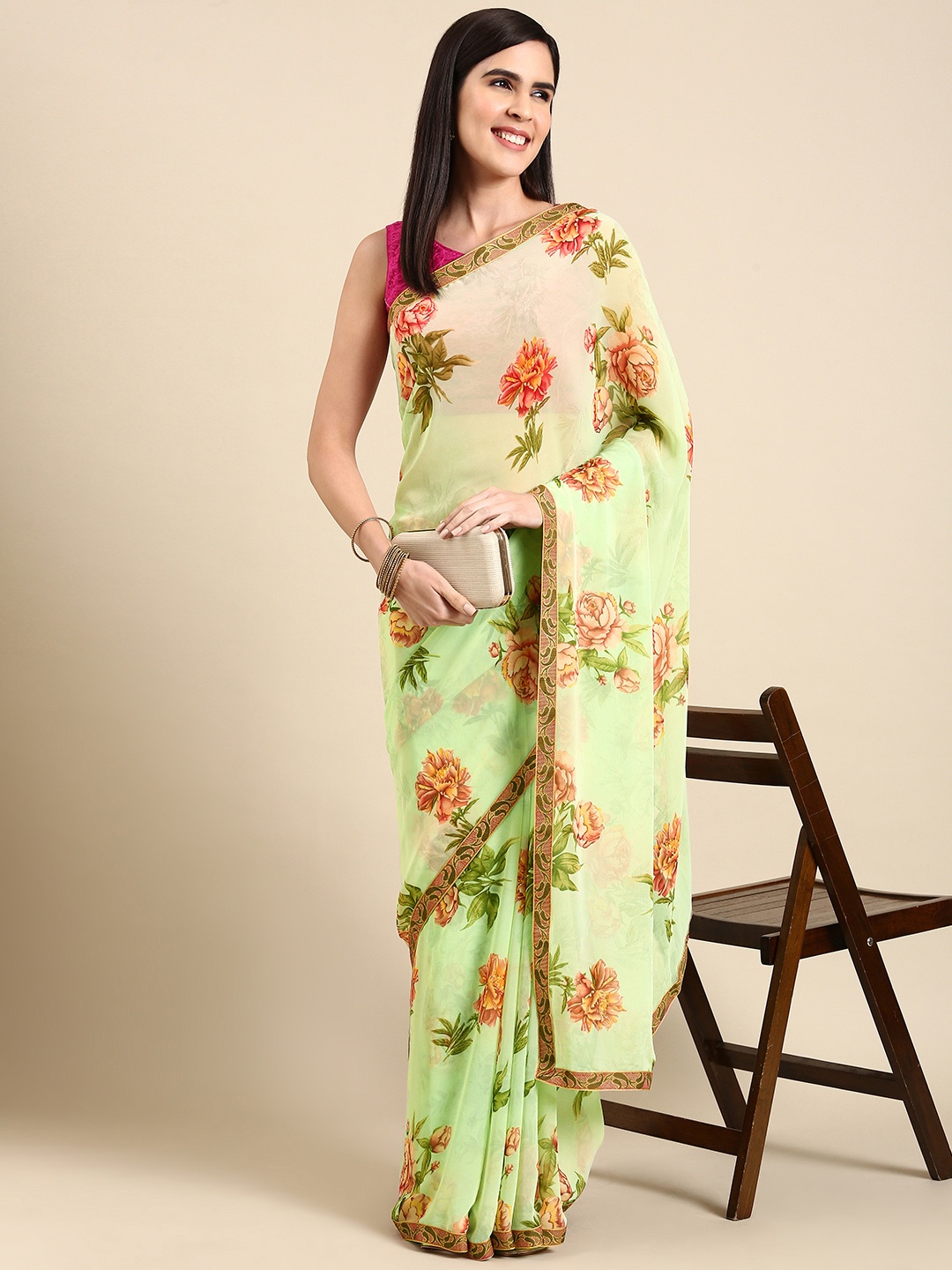

HERE&NOW Floral Printed Pure Georgette Saree, Sea green
