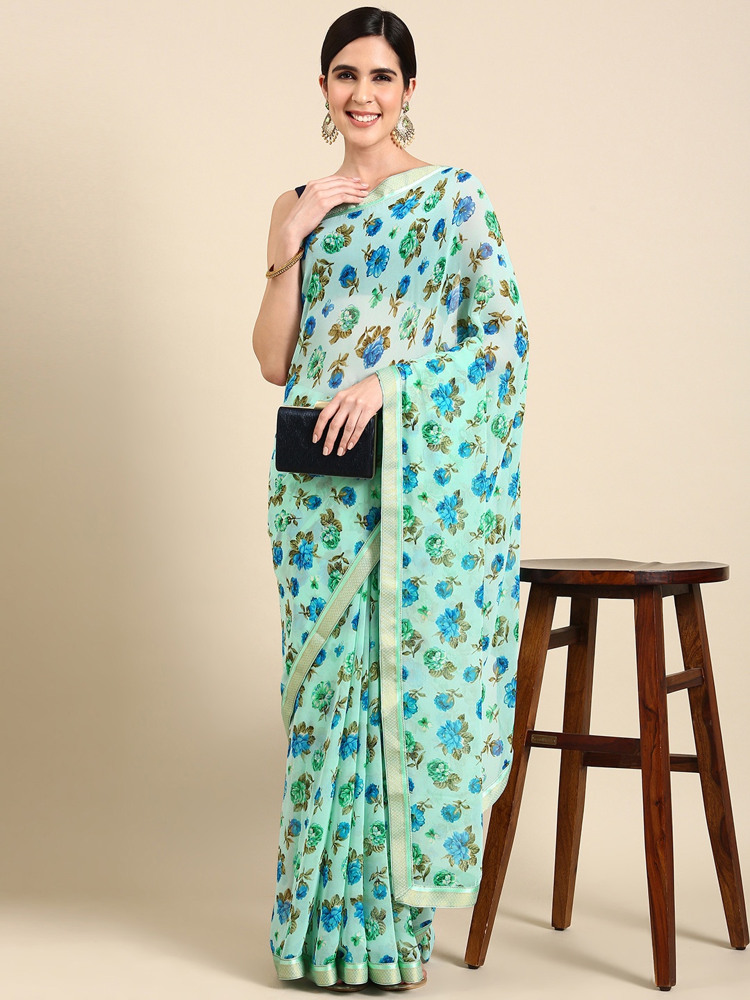 

HERE&NOW Floral Printed Pure Georgette Saree, Sea green