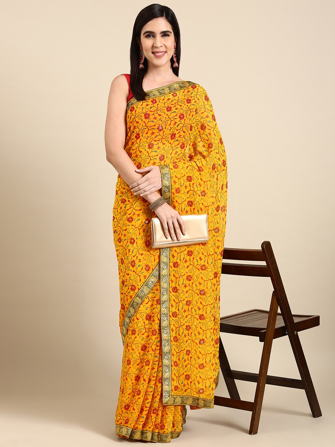 

HERE&NOW Floral Printed Zari Pure Georgette Saree, Yellow