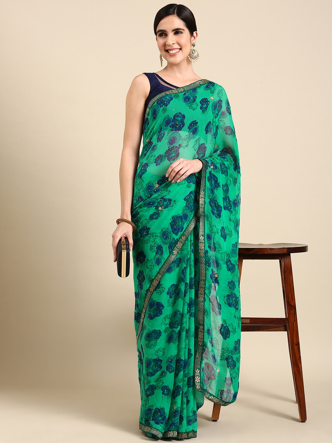 HERE&NOW Floral Printed Pure Georgette Saree, Blue