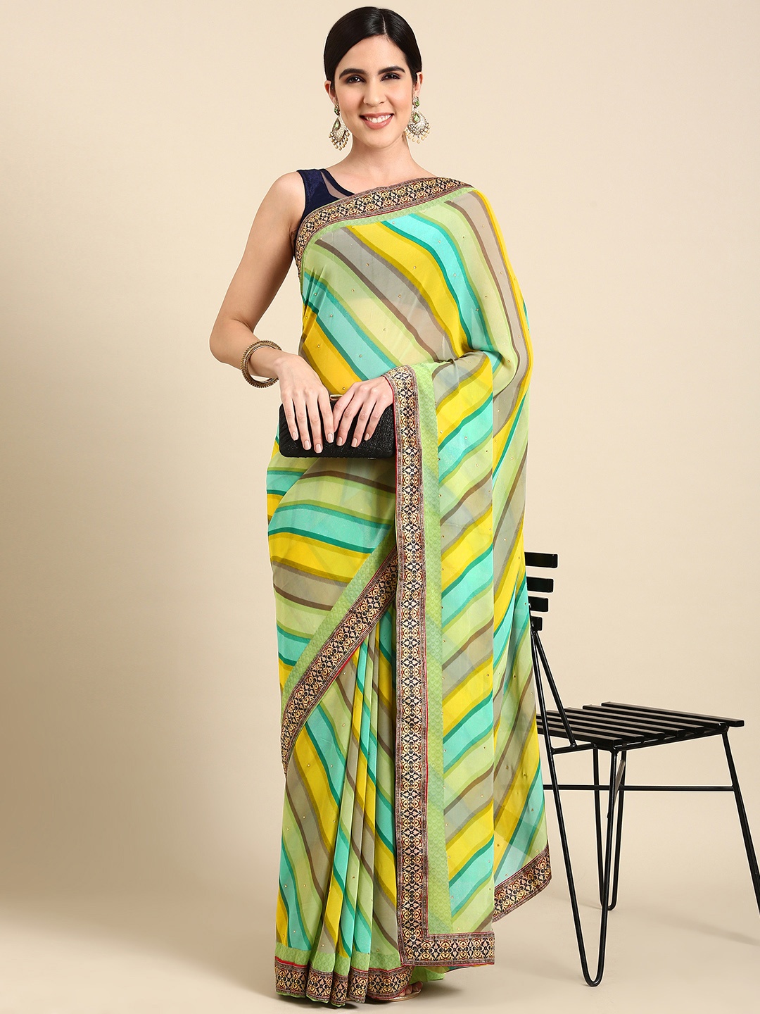 

HERE&NOW Striped Pure Georgette Saree, Multi