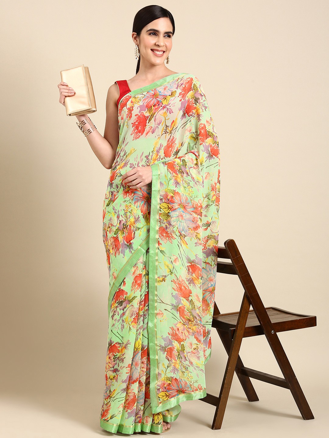 

HERE&NOW Floral Printed Pure Georgette Saree, Green