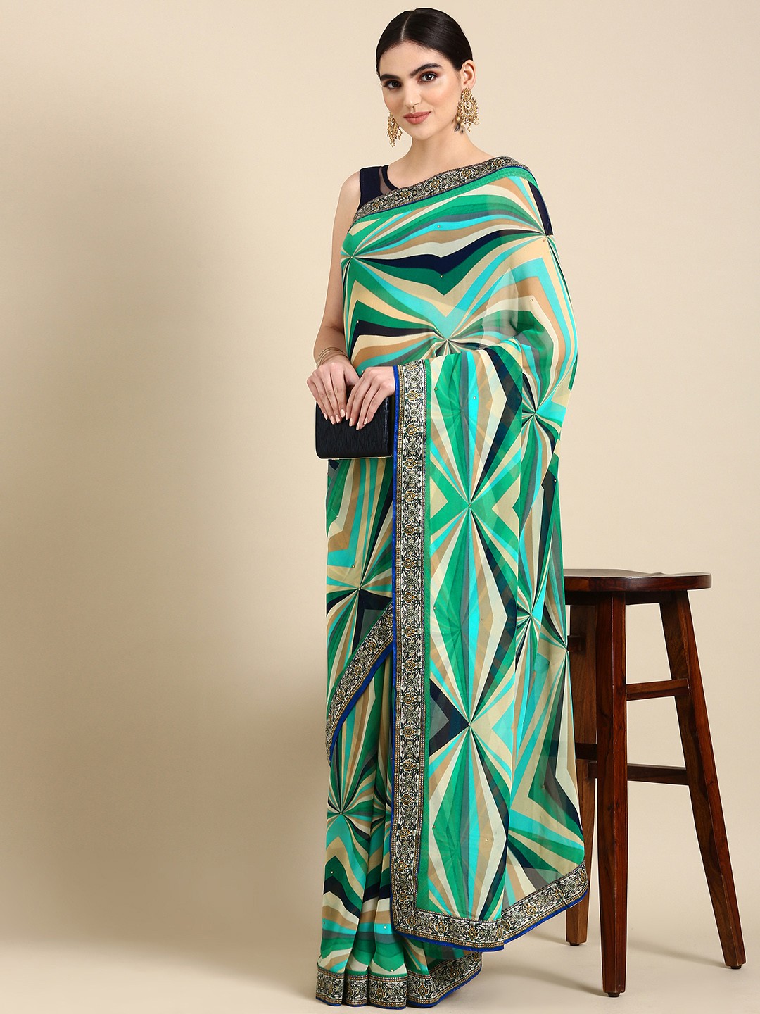 

HERE&NOW Geometric Printed Pure Georgette Saree, Sea green