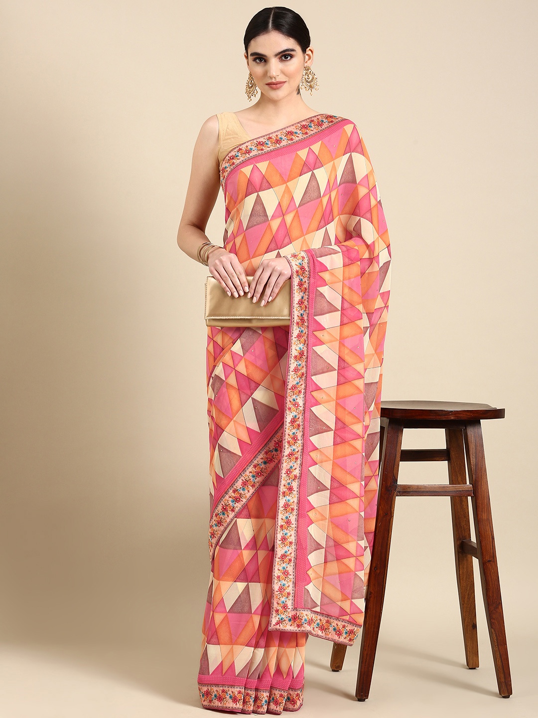 

HERE&NOW Geometric Printed Pure Georgette Saree, Multi