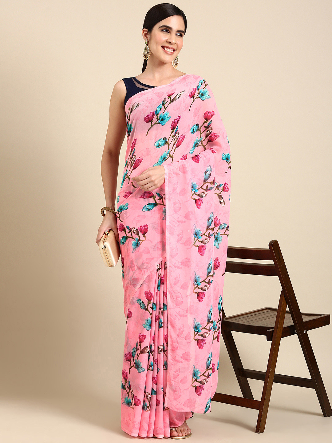 

HERE&NOW Floral Printed Poly Georgette Saree, Pink