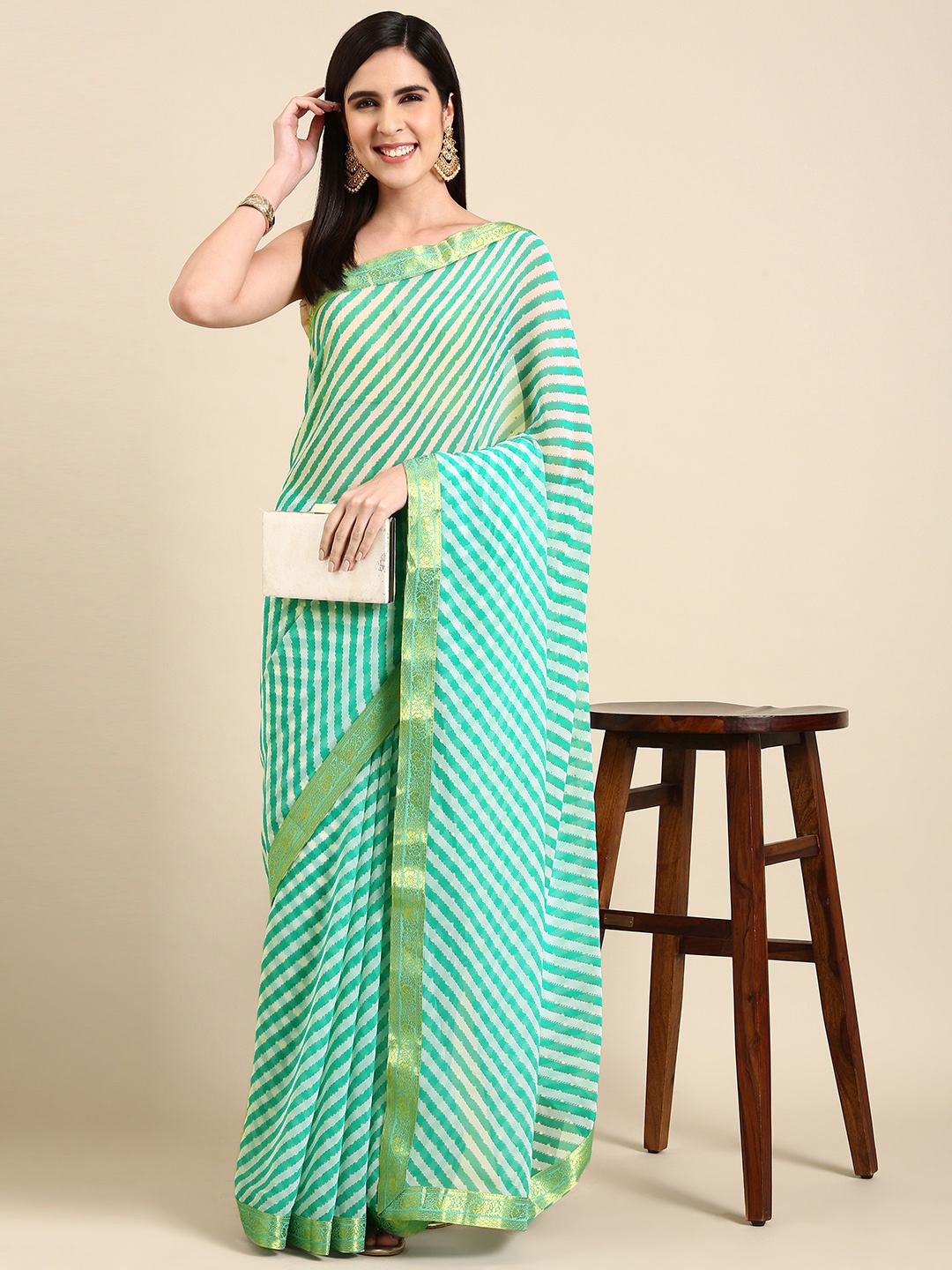 

HERE&NOW Leheriya Pure Chiffon Saree, Sea green