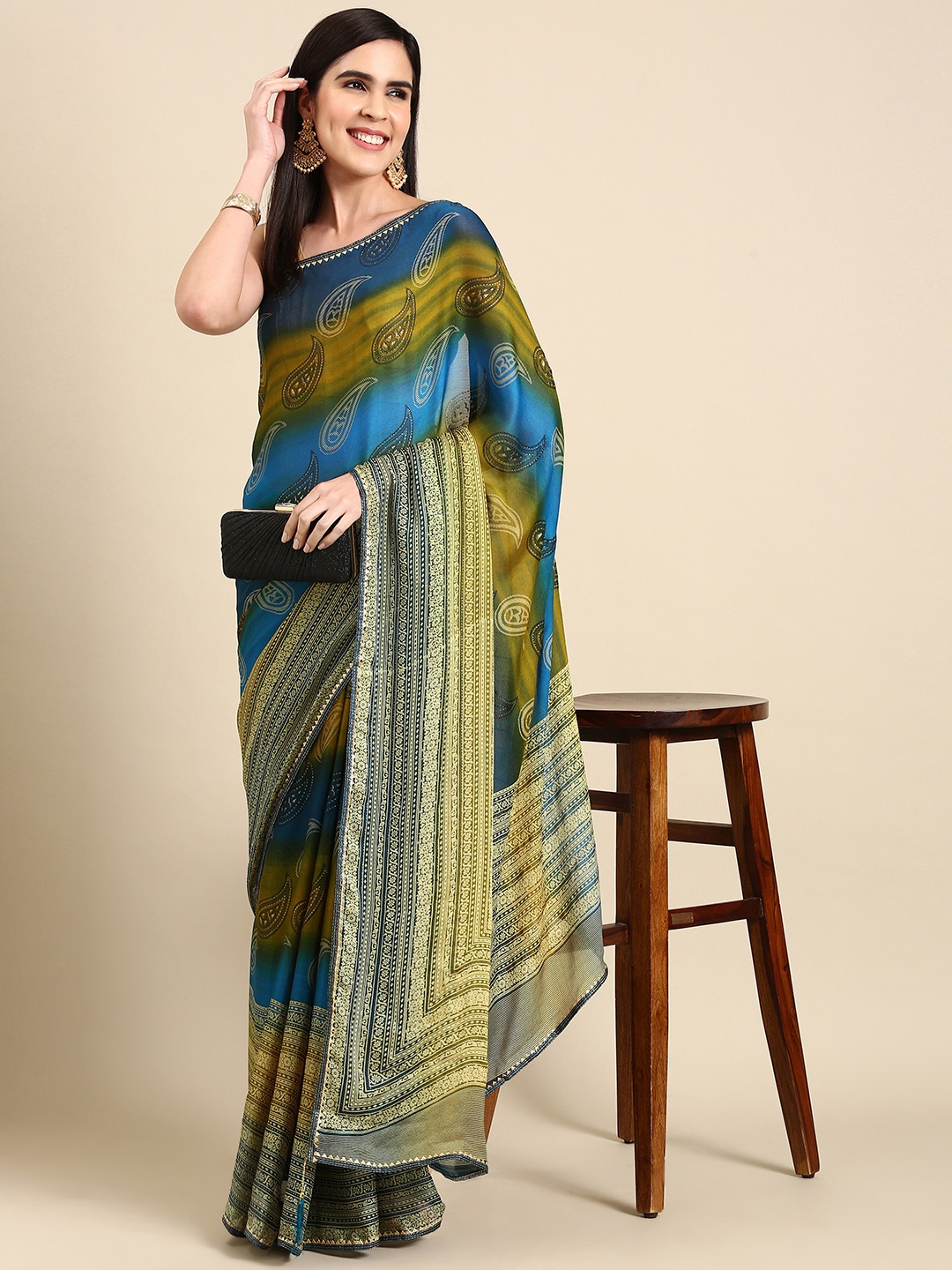 

HERE&NOW Ethnic Motifs Printed Pure Chiffon Saree, Turquoise blue