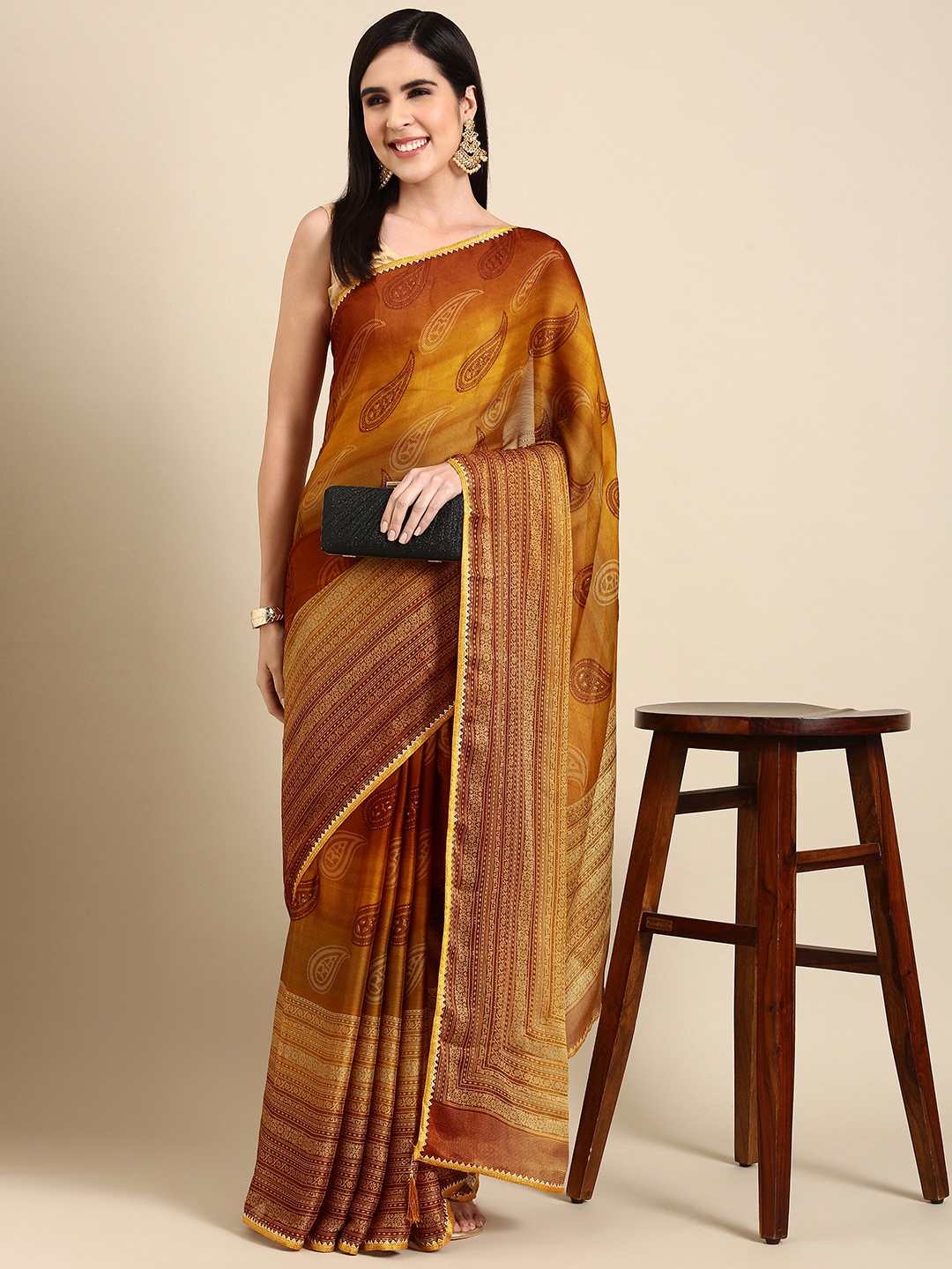 

HERE&NOW Ethnic Motifs Printed Pure Chiffon Saree, Beige