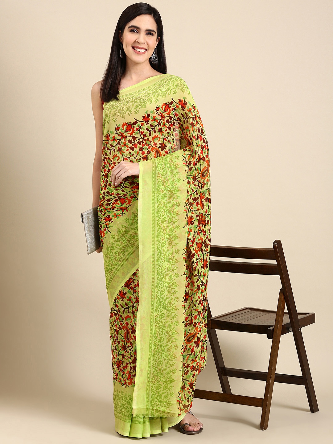 

HERE&NOW Floral Printed Poly Georgette Saree, Lime green