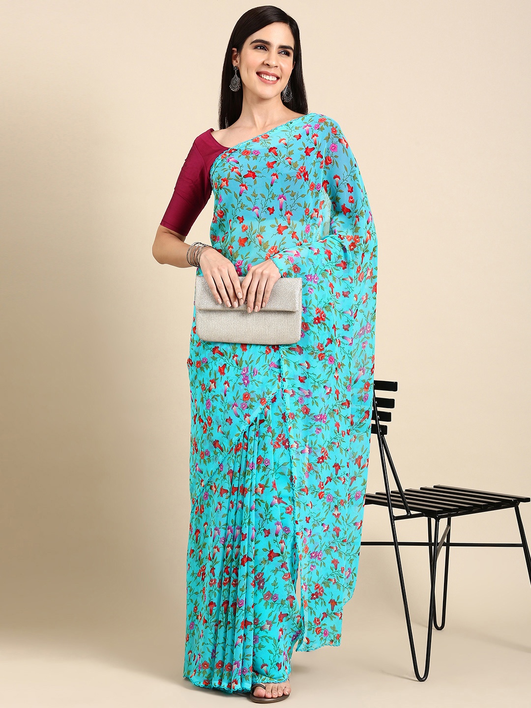 

HERE&NOW Floral Printed Pure Chiffon Saree, Turquoise blue