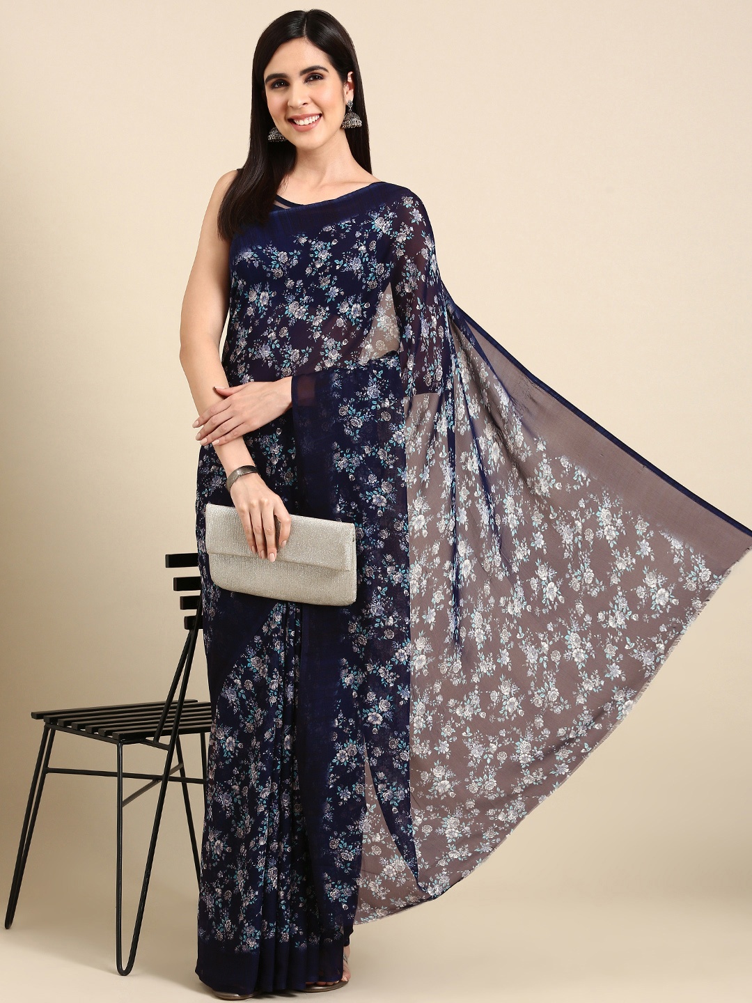 

HERE&NOW Floral Printed Poly Georgette Saree, Teal