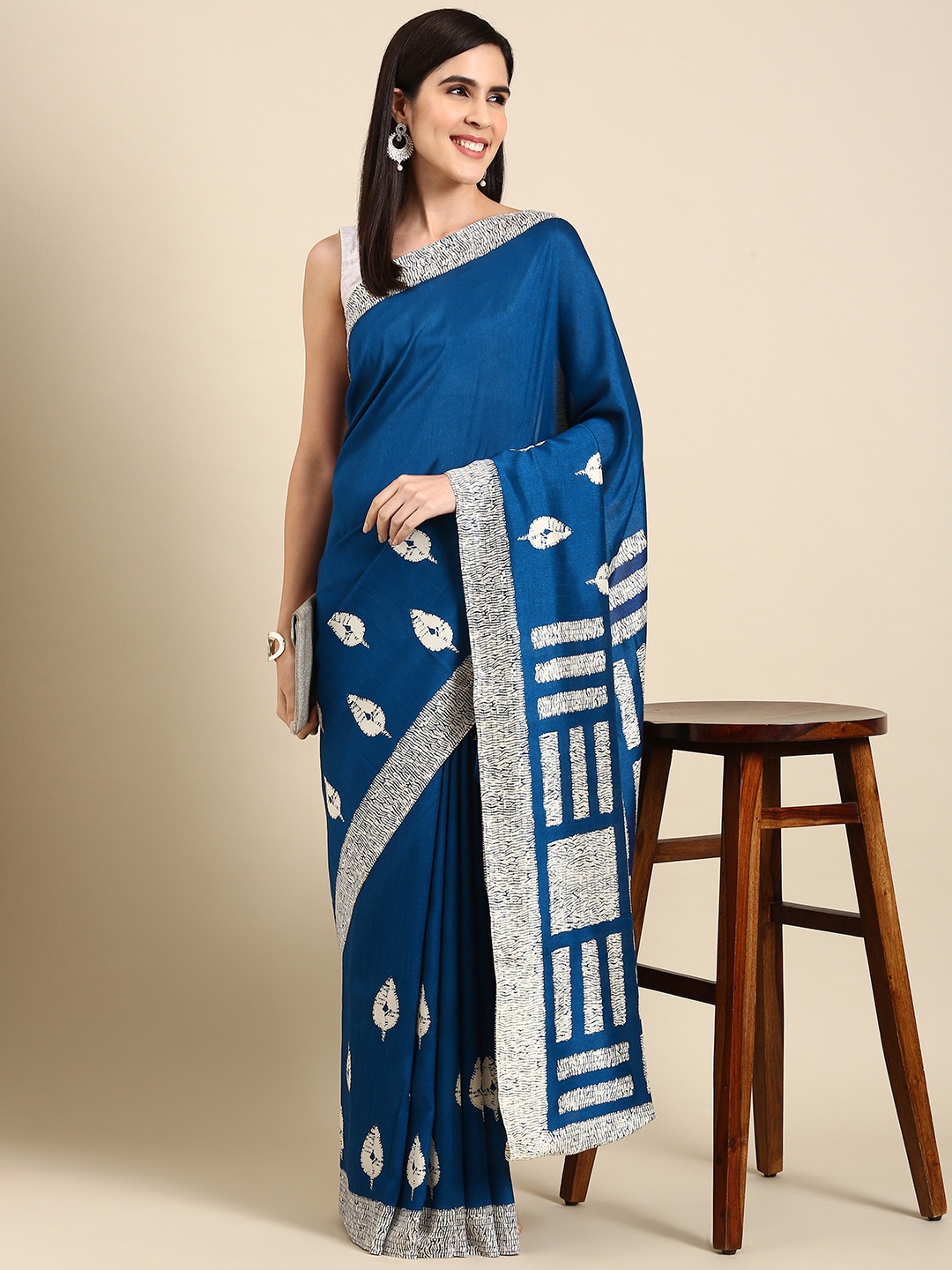 

HERE&NOW Ethnic Motifs Printed Silk Blend Saree, Blue
