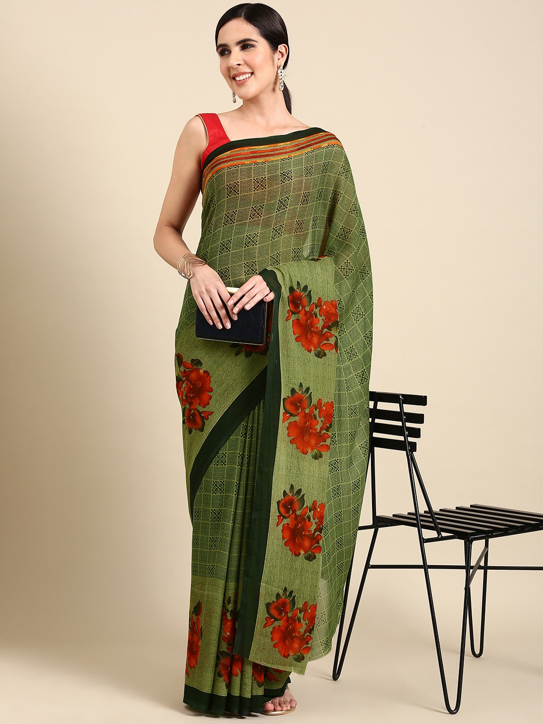 

HERE&NOW Ethnic Motifs Printed Poly Georgette Saree, Green