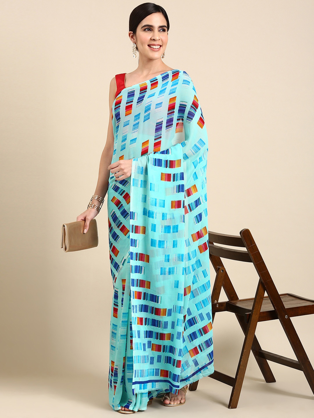 HERE&NOW Geometric Printed Saree, Blue