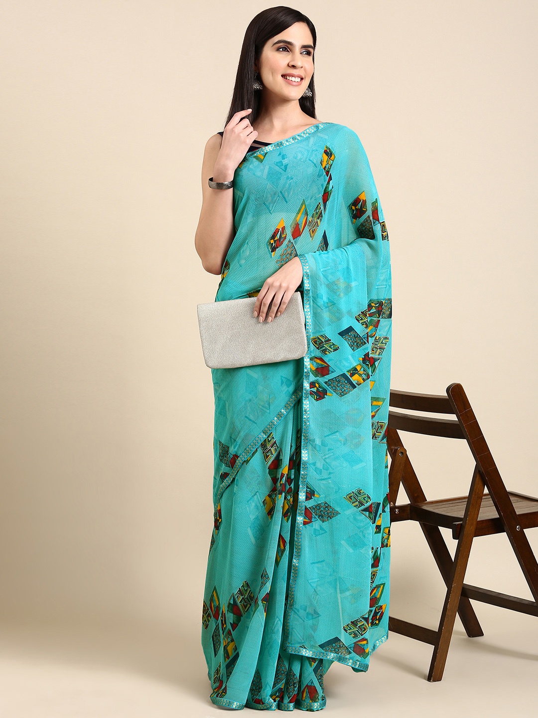 

HERE&NOW Printed Pure Georgette Saree, Turquoise blue