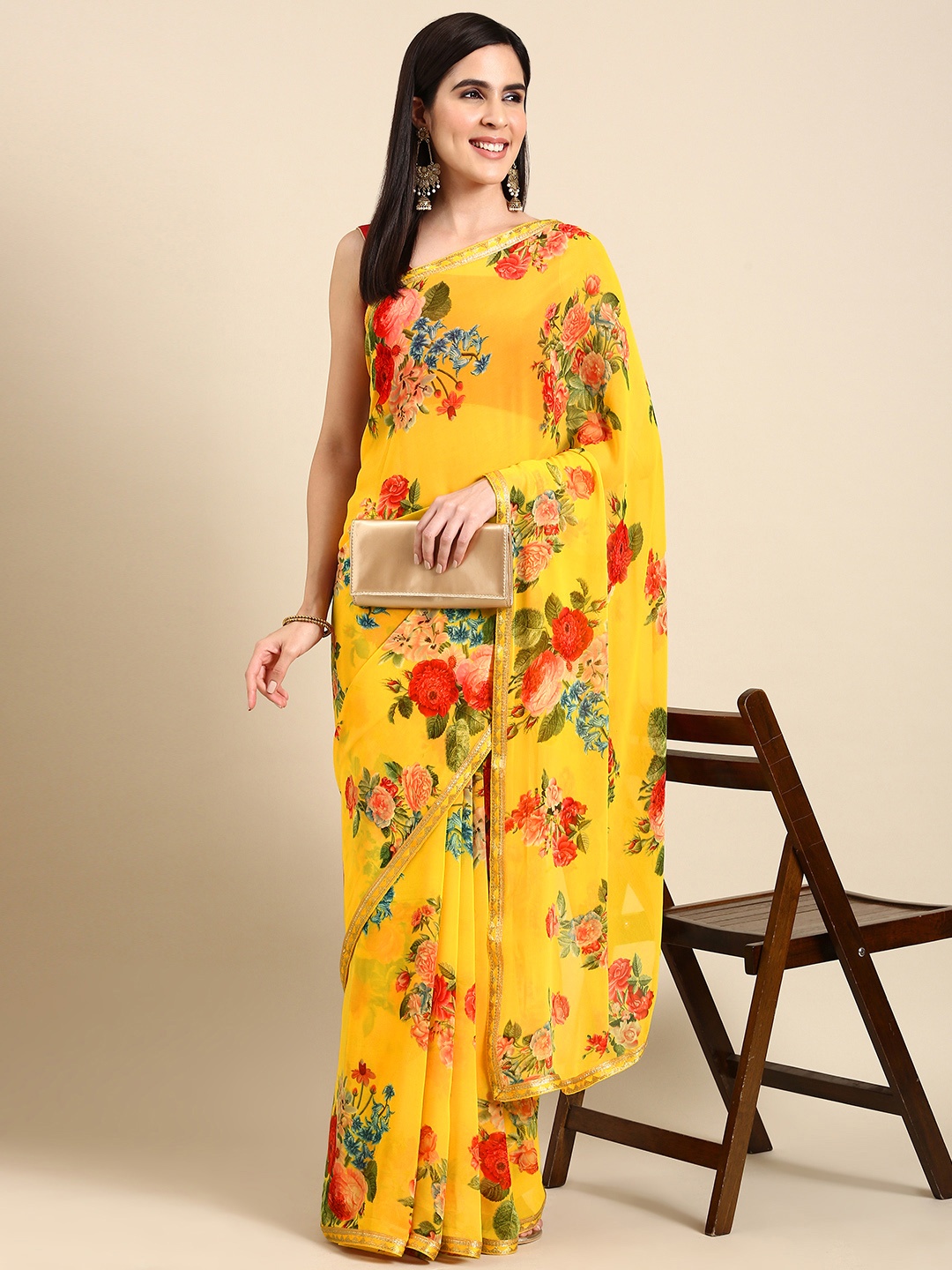 

HERE&NOW Floral Printed Pure Georgette Saree, Mustard