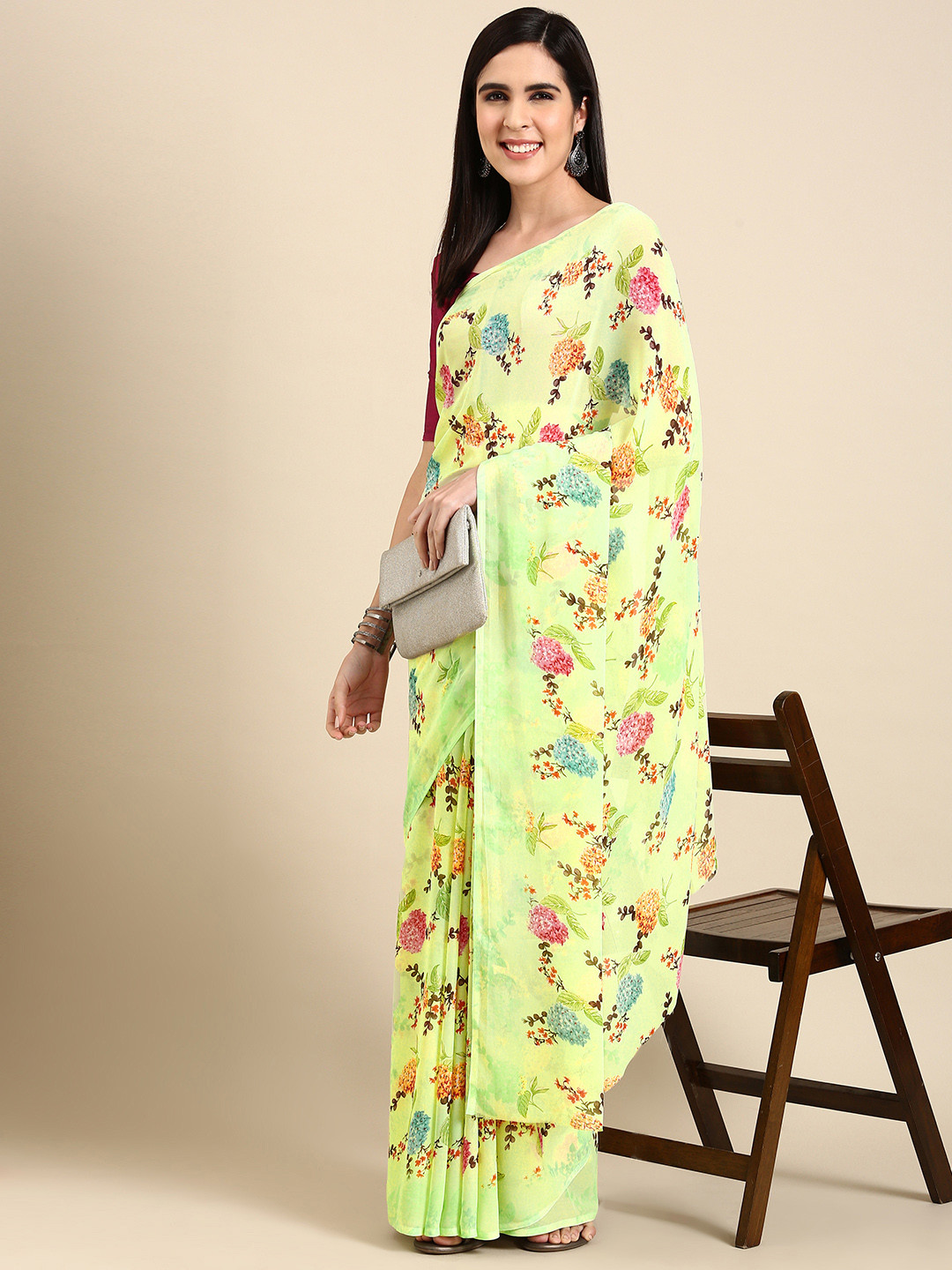 

HERE&NOW Floral Printed Poly Georgette Saree, Sea green