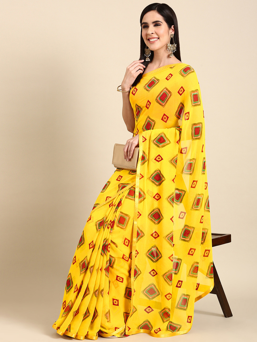 

HERE&NOW Printed Pure Georgette Saree, Yellow