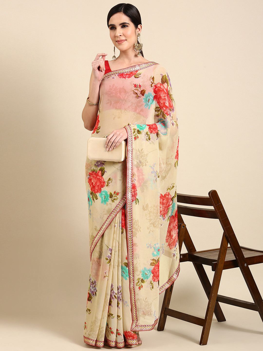 

HERE&NOW Floral Printed Pure Georgette Saree, Multi