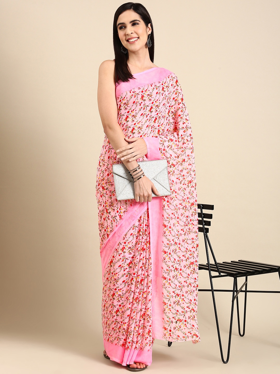 

HERE&NOW Floral Printed Poly Georgette Saree, Pink