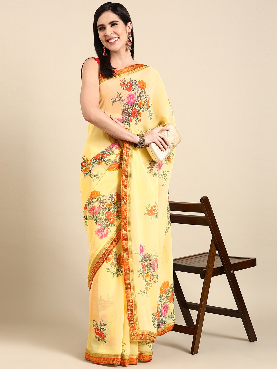 

HERE&NOW Floral Printed Pure Georgette Saree, Yellow