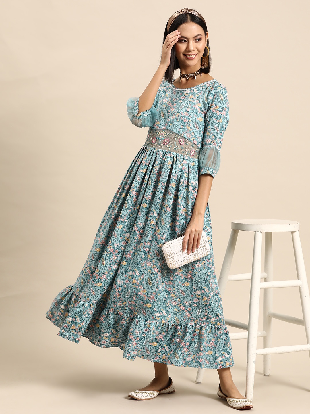 

Sangria Floral Printed Embroidered Fit & Flare Maxi Dress, Blue