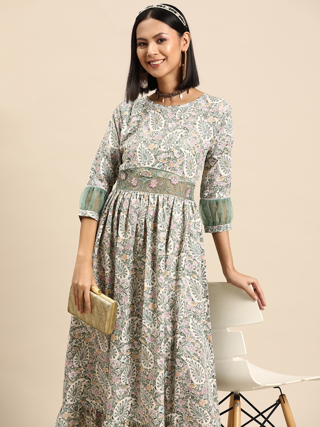 

Sangria Floral Printed Embroidered Fit & Flare Maxi Dress, Green