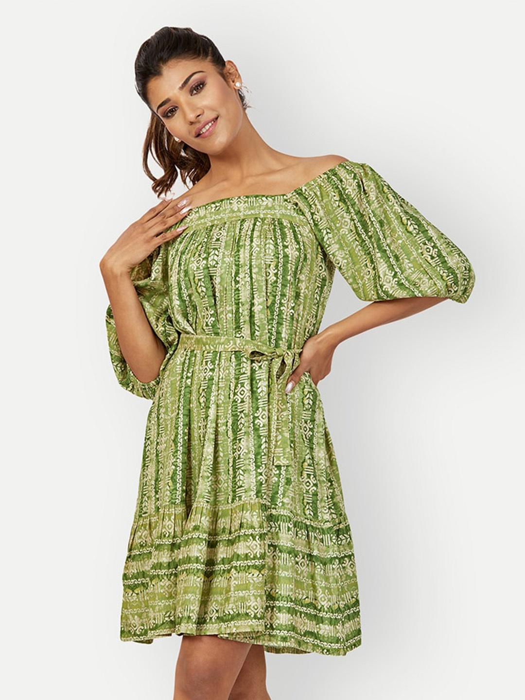 

DRESOUL Abstract Printed Off-Shoulder Belted Detailed Fit & Flare Dress, Green