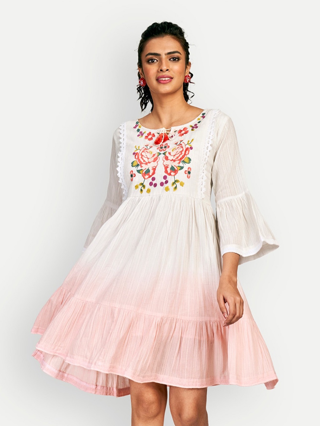 

DRESOUL Self Designed Embroidered Detailed Cotton Fit & Flare Dress, White