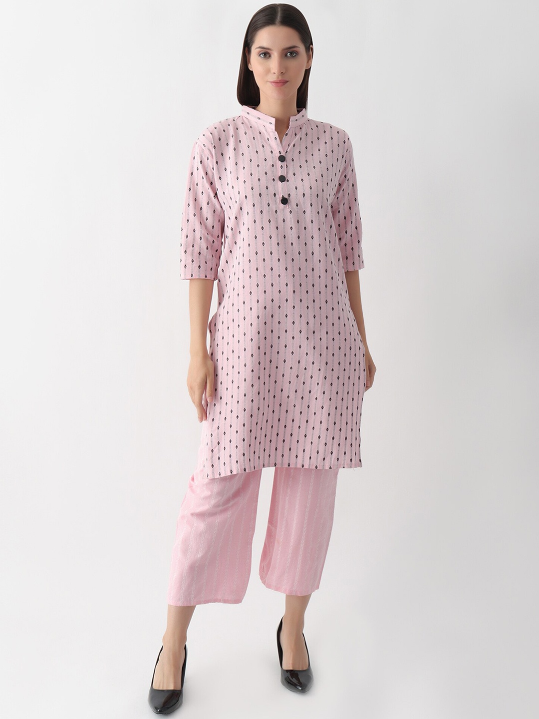 

DKGF FASHION Woven Design Mandarin Collar Straight Kurta with Palazzos, Pink