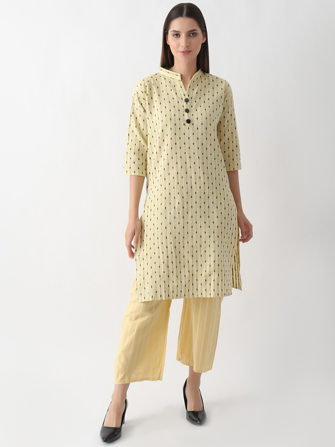 

DKGF FASHION Woven Design Mandarin Collar Straight Kurta with Palazzos, Yellow