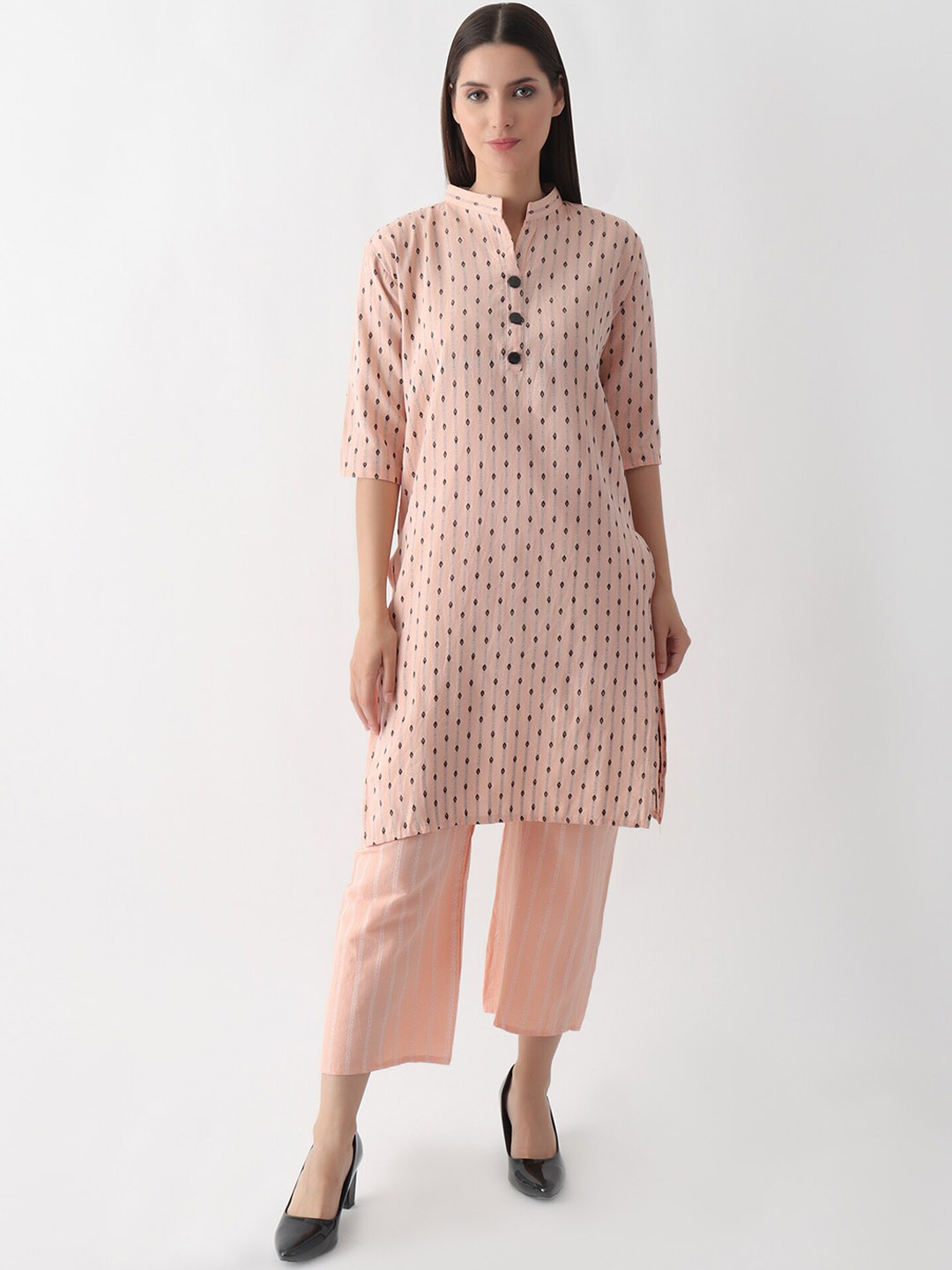 

DKGF FASHION Woven Design Mandarin Collar Straight Kurta with Palazzos, Peach