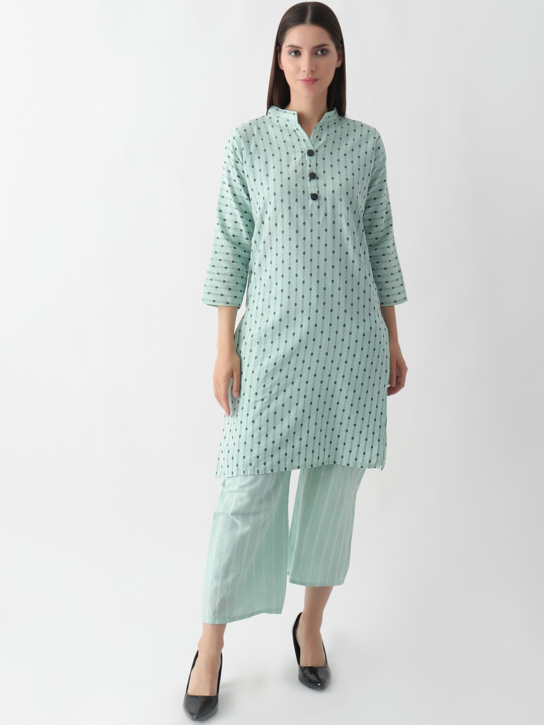 

DKGF FASHION Woven Design Mandarin Collar Straight Kurta with Palazzos, Sea green