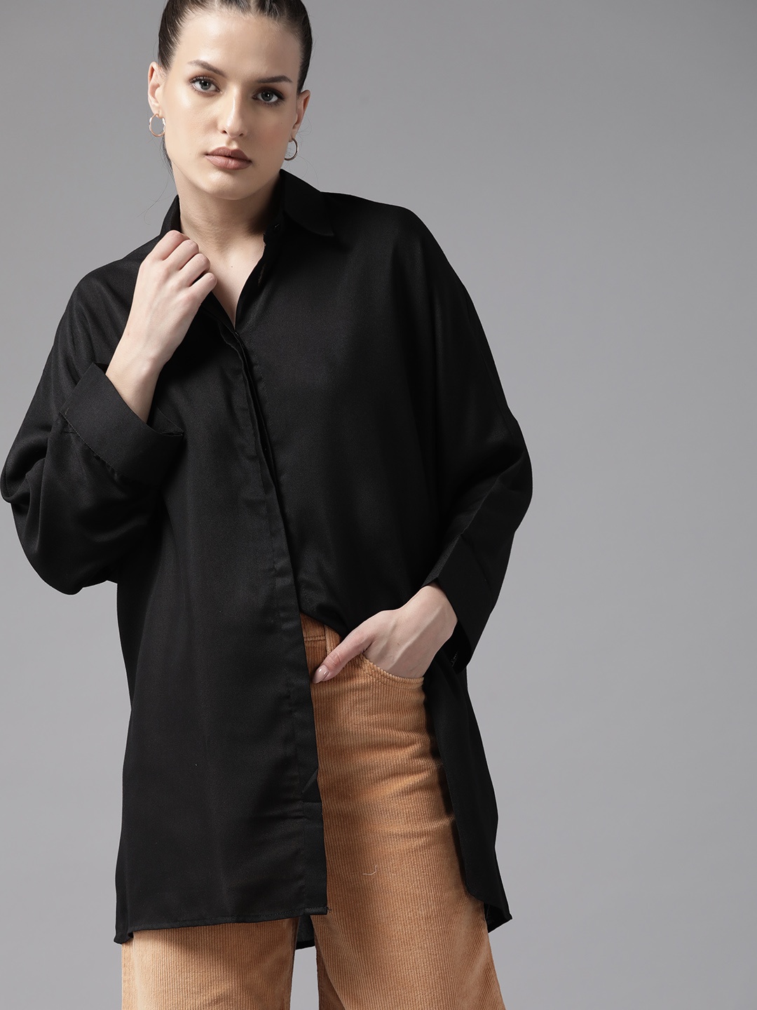 

Roadster Opaque Extended Sleeves Oversized Longline Casual Shirt, Black