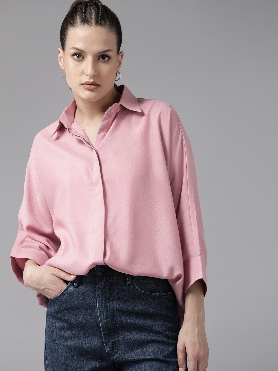

Roadster Opaque Extended Sleeves Oversized Longline Casual Shirt, Pink