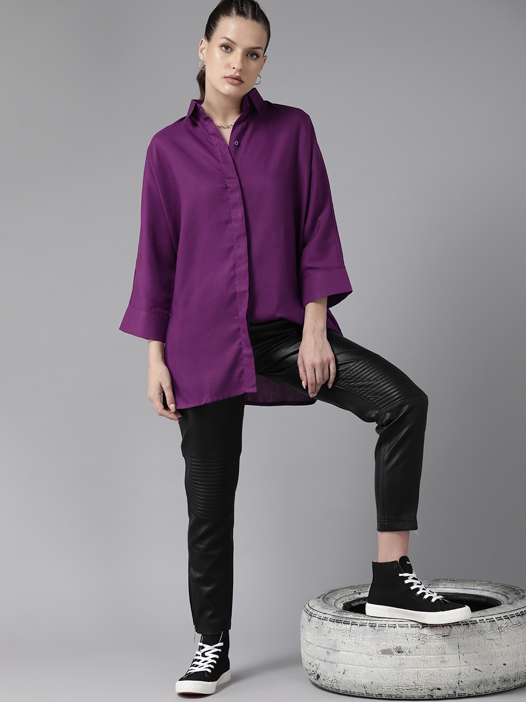 

Roadster Opaque Extended Sleeves Oversized Longline Casual Shirt, Purple