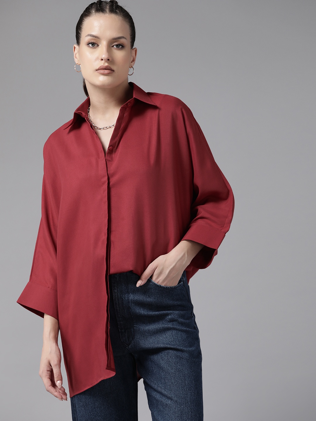 Roadster Opaque Extended Sleeves Oversized Longline Casual Shirt, Red