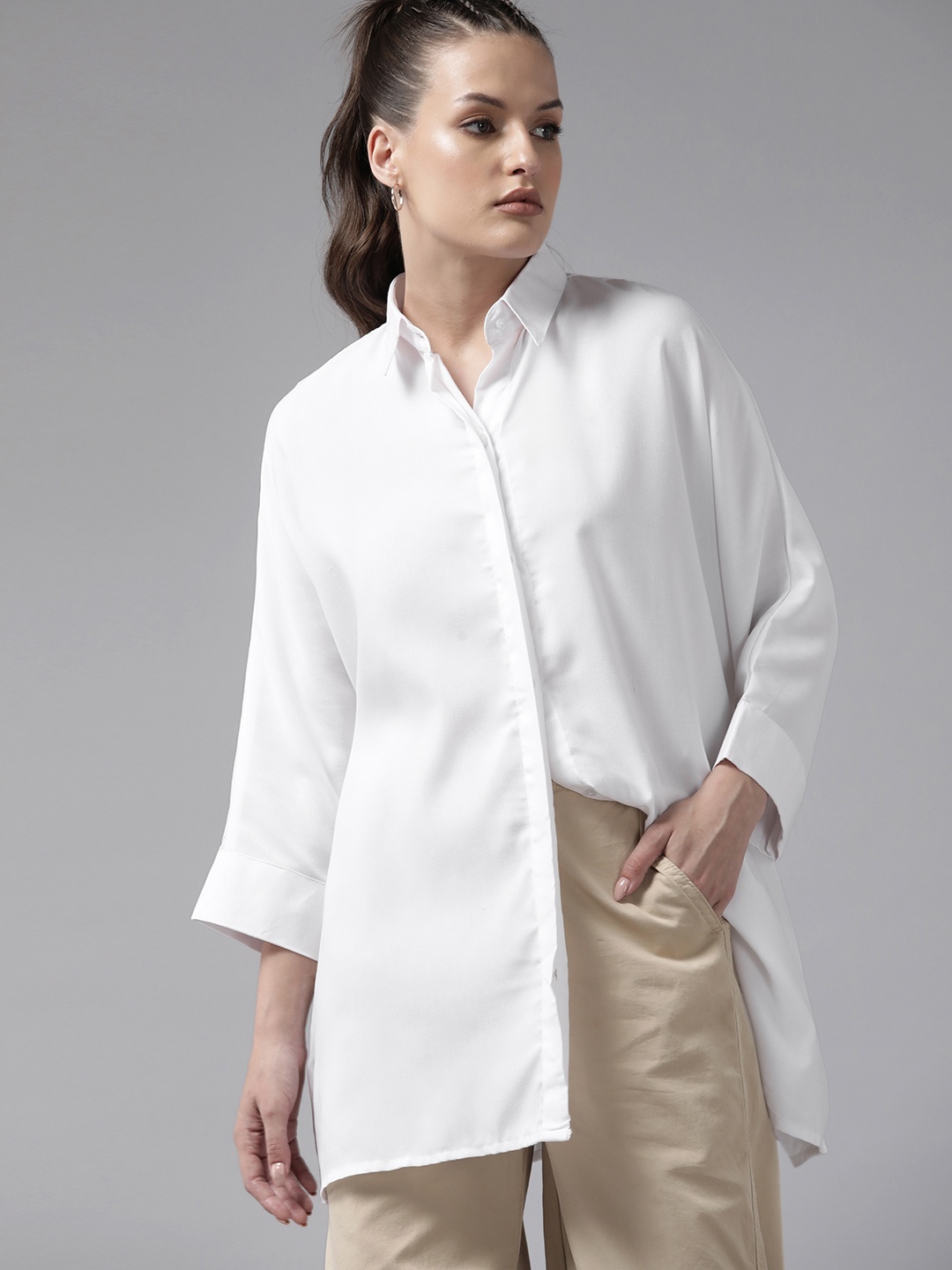 

Roadster Opaque Extended Sleeves Oversized Longline Casual Shirt, White