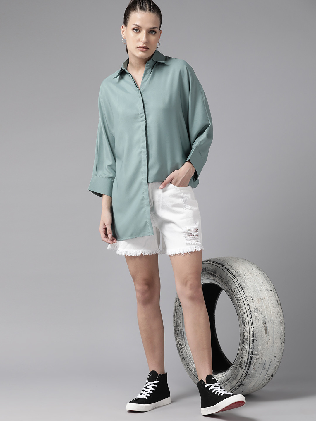 

Roadster Opaque Extended Sleeves Oversized Longline Casual Shirt, Green
