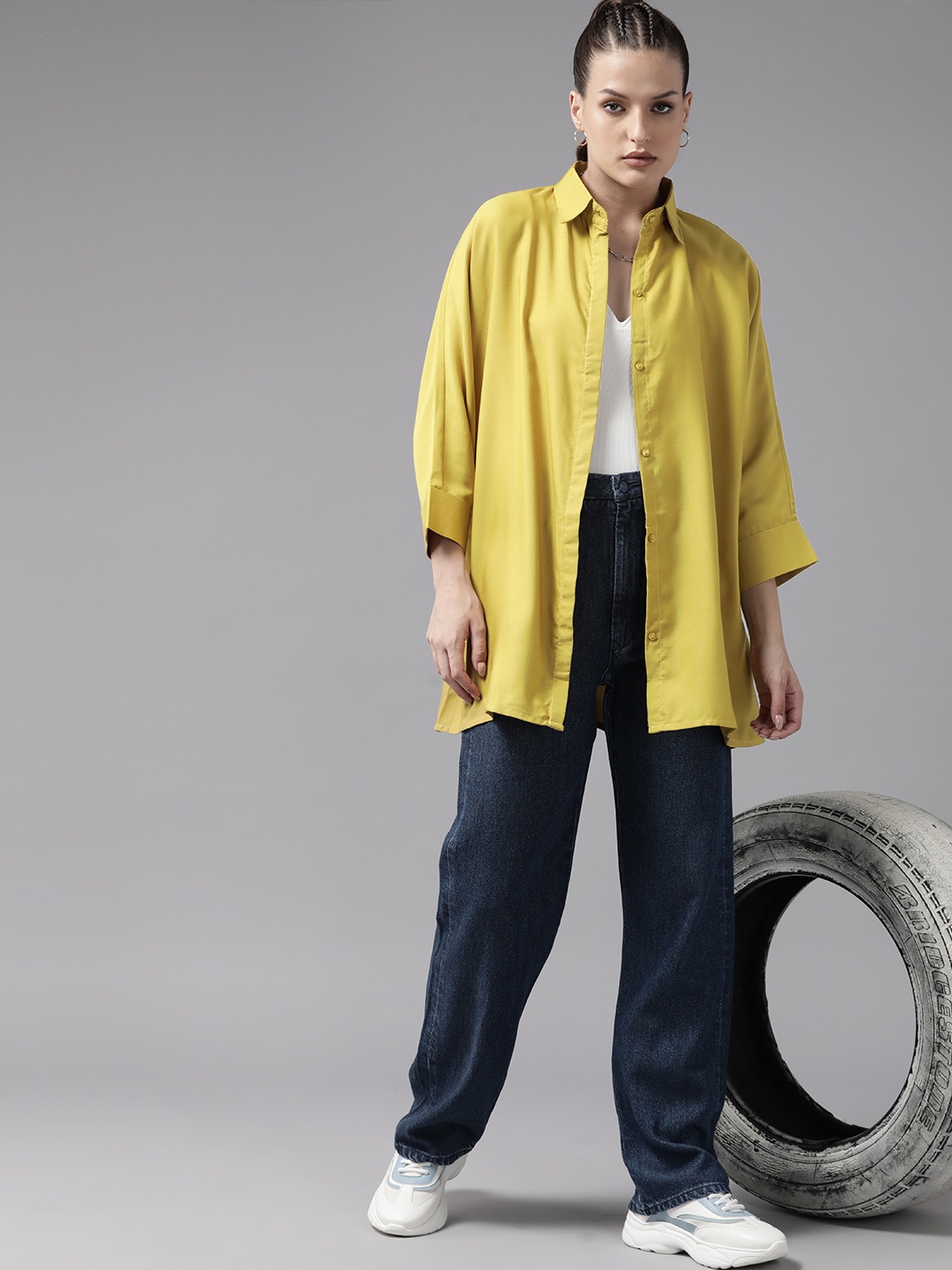 Roadster Opaque Extended Sleeves Oversized Longline Casual Shirt, Yellow