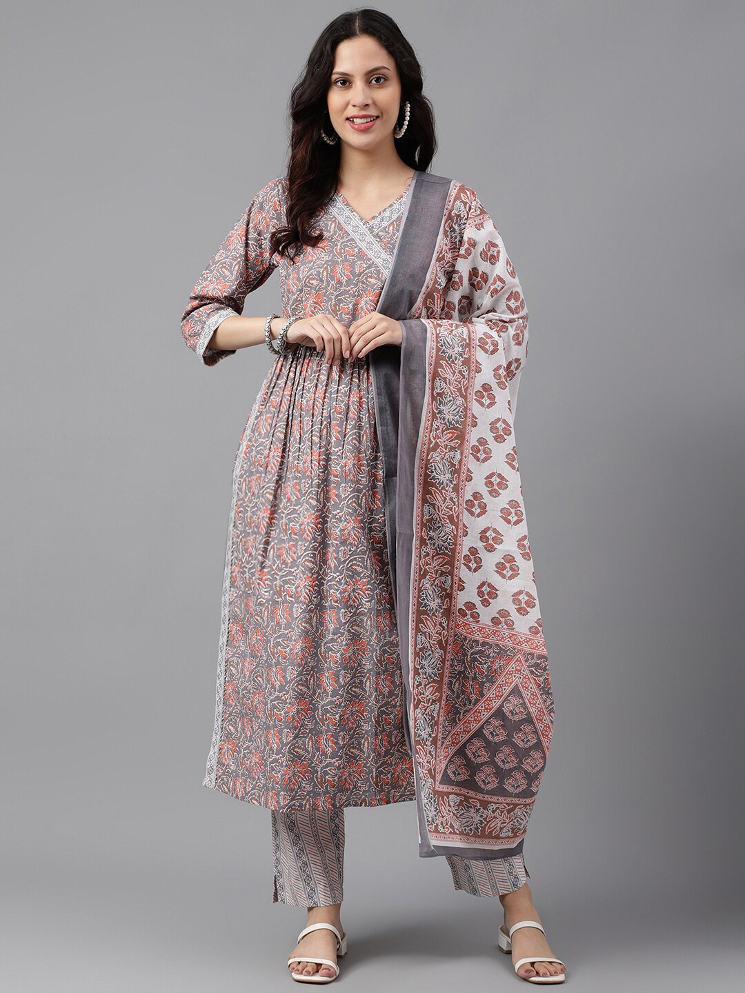 

KALINI V Neck Floral Printed Angrakha Pure Cotton Kurta & Trousers With Dupatta, Grey