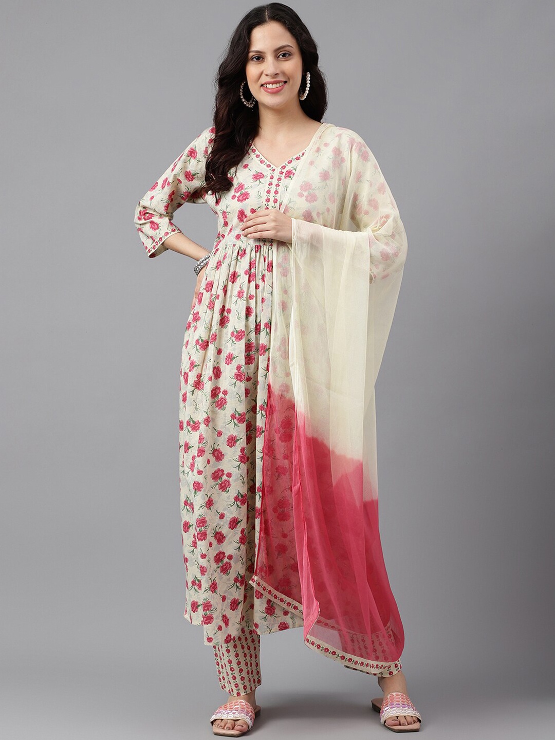 

KALINI V Neck Floral Printed Empire Pure Cotton Kurta & Palazzos With Dupatta, Cream