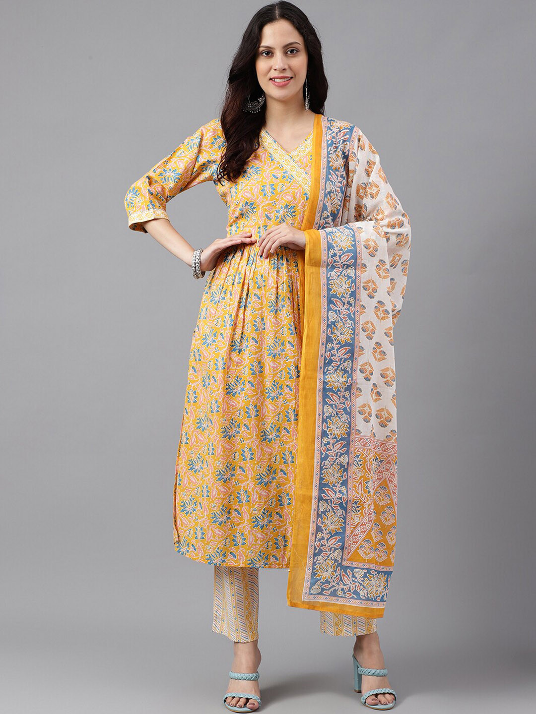 

KALINI V Neck Floral Printed Angrakha Pure Cotton Kurta & Trousers With Dupatta, Mustard