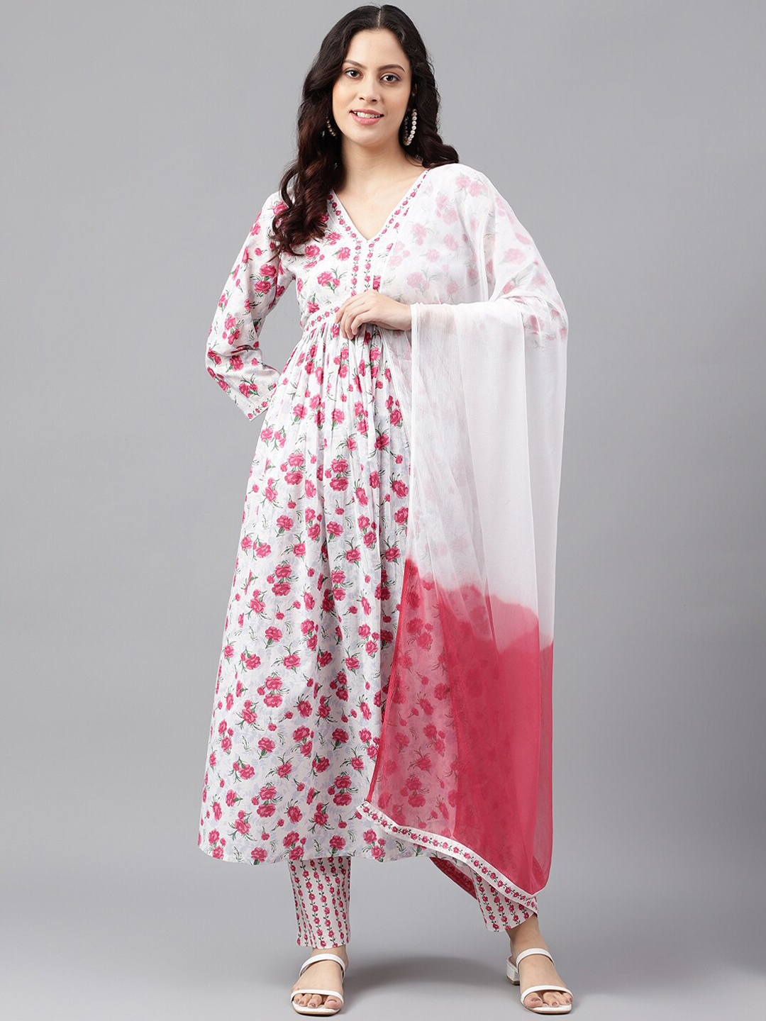 

KALINI V Neck Floral Printed Empire Pure Cotton Kurta & Palazzos With Dupatta, White