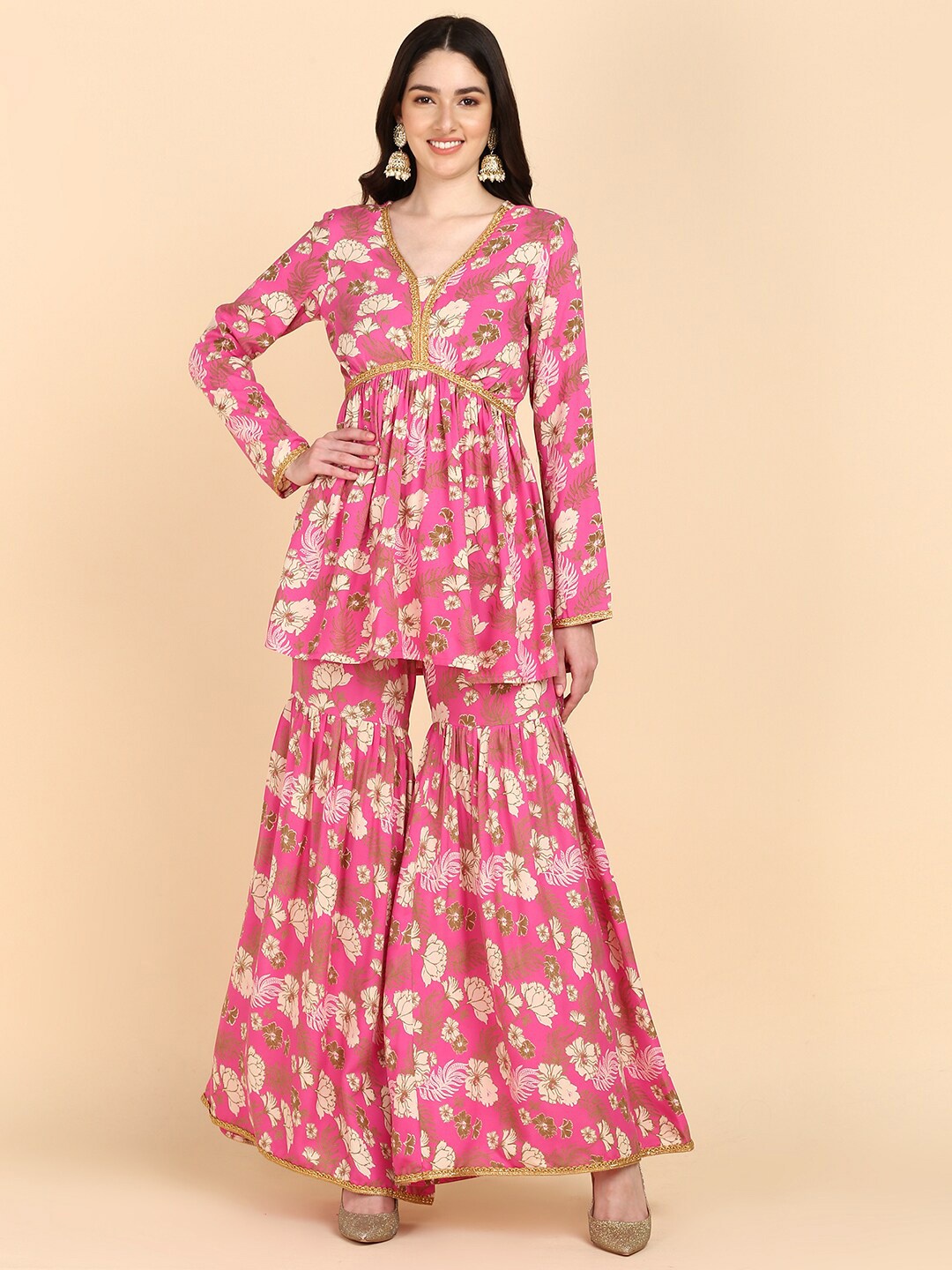 

HERE&NOW Floral Printed V-Neck Empire A-Line Kurti with Sharara, Pink