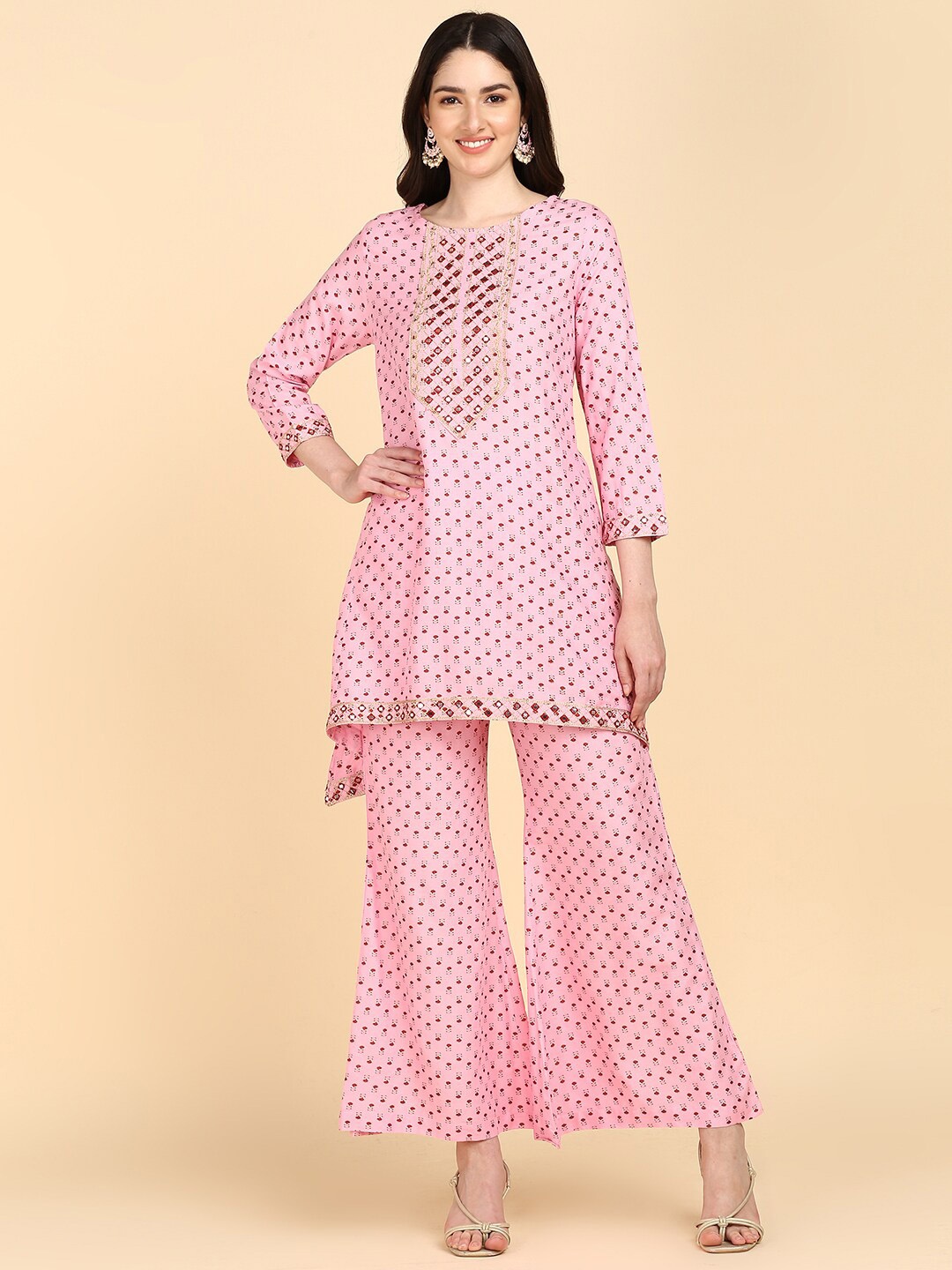 

HERE&NOW Floral Printed Thread Work Detail A-Line Kurta with Palazzos, Pink