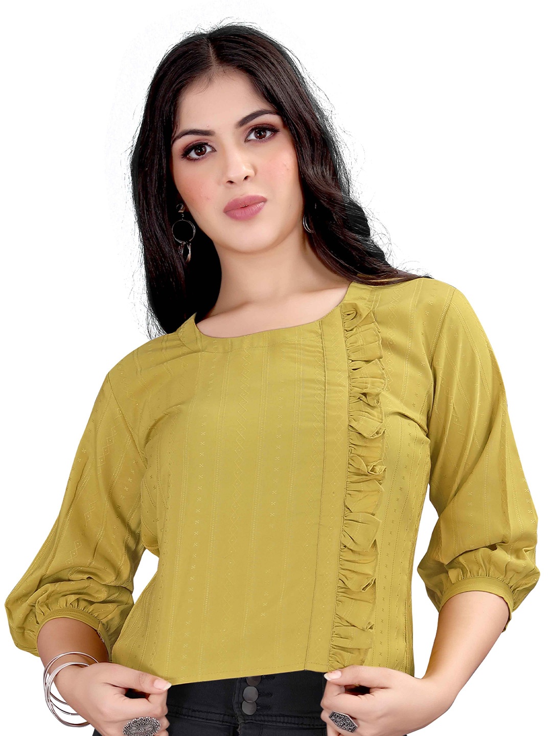 

Happy Design Self Design Puff Sleeves Ruffles Detail Cotton Crop Top, Green